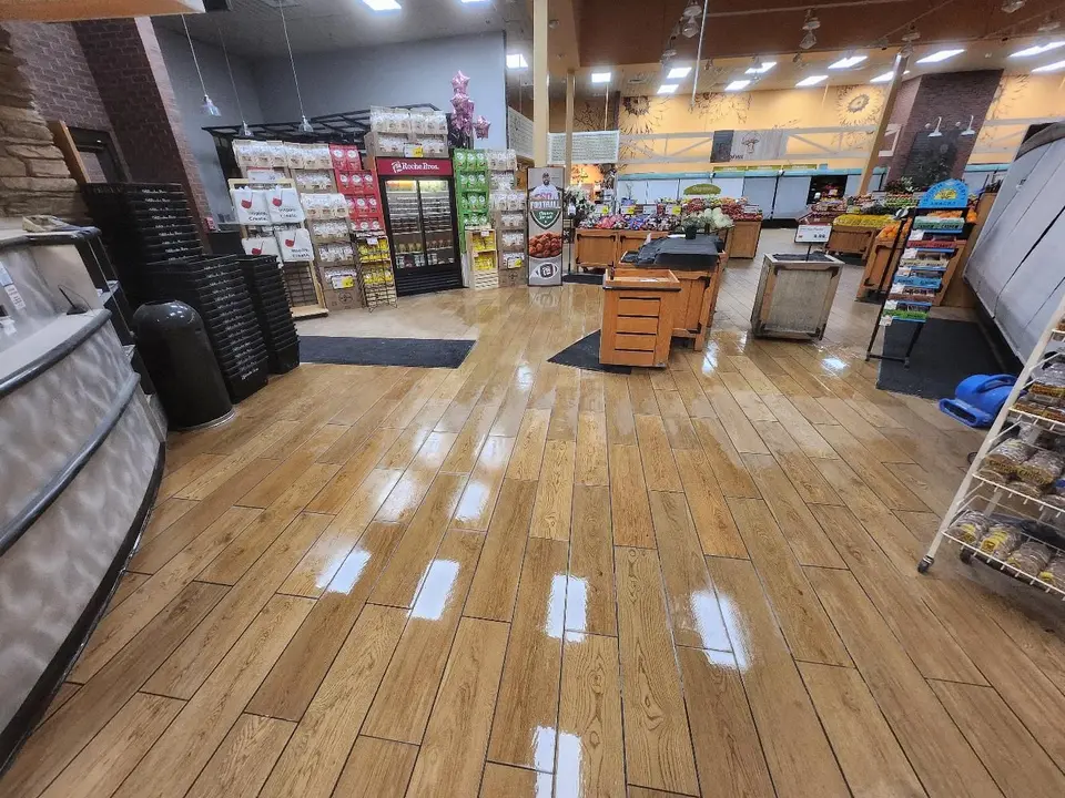 Wood look plank floor in a finished grocery store